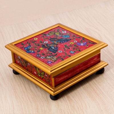 Caja decorativa de vidrio pintado al revés - Mariposas sobre Caja Decorativa Cristal Pintado Reverso Rojo