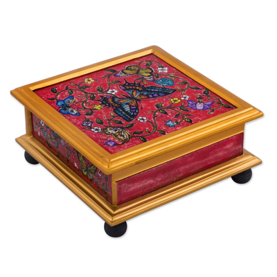 Reverse painted glass decorative box, 'Red Winter Butterflies' - Butterflies on Red Reverse Painted Glass Decorative Box