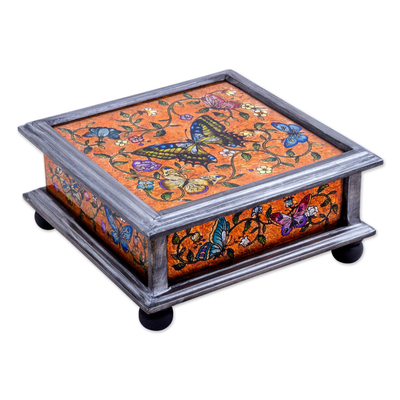 Reverse painted glass decorative box, 'Orange Winter Butterflies' - Butterflies on Orange Reverse Painted Glass Box from Peru