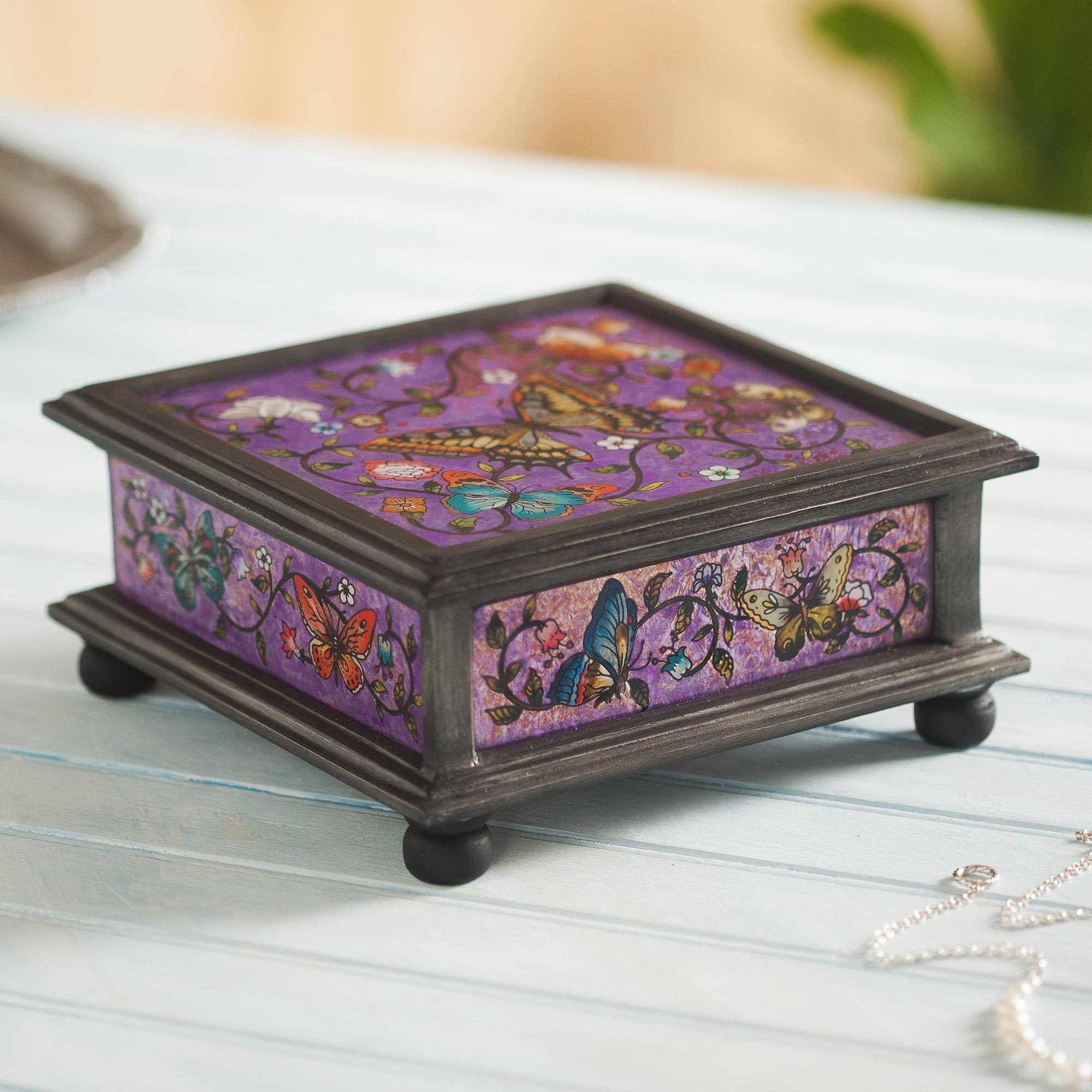 UNICEF Market Reverse Painted Glass Decorative Box with Butterflies