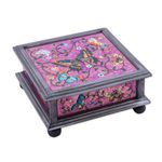 Reverse painted glass jewelry box, 'Purple Winter Butterflies' - Reverse Painted Glass Decorative Box with Butterflies