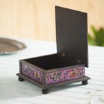 Reverse painted glass jewelry box, 'Purple Winter Butterflies' - Reverse Painted Glass Decorative Box with Butterflies