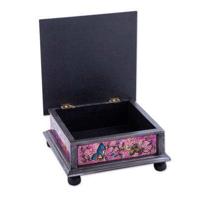 Reverse painted glass decorative box, 'Purple Winter Butterflies' - Reverse Painted Glass Decorative Box with Butterflies