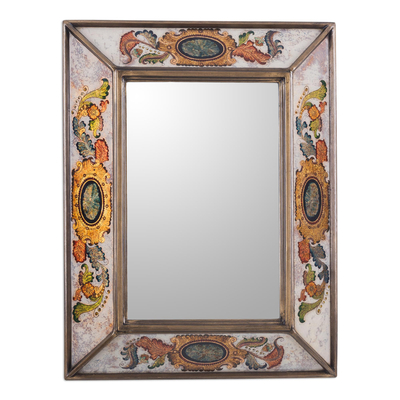 Reverse painted glass wall mirror, 'Floral Medallions' - Reverse Painted Glass Rectangular Floral Wall Mirror