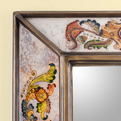 Espejo de pared de vidrio pintado al revés - Espejo de pared rectangular floral de vidrio pintado al revés