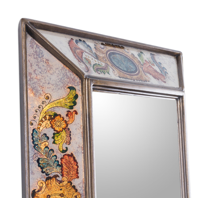 Espejo de pared de vidrio pintado al revés - Espejo de pared rectangular floral de vidrio pintado al revés