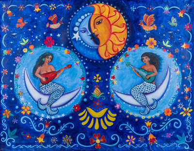 Signed Painting of Musician Sirens and Eclipse Peru Folk Art