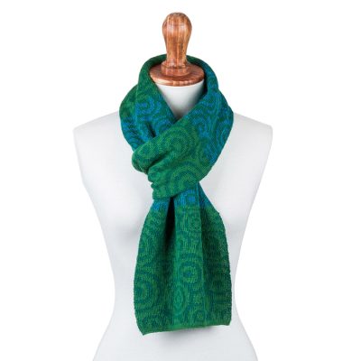 100% alpaca scarf, 'Melody of Viridian and Blue' - 100% Alpaca Scarf Patterned in Green and Blue Knit in Peru