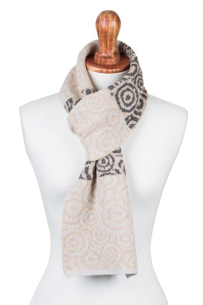 100% alpaca scarf, 'Melody of Almond and Grey' - 100% Alpaca Scarf with Almond Beige and Grey Patterns