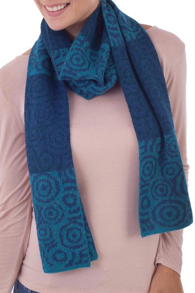 100% alpaca scarf, 'Melody of the Seas' - 100% Alpaca Scarf with Dark and Light Blue Knitted Patterns