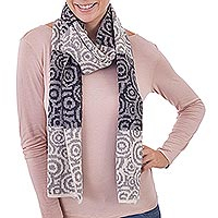 100% alpaca scarf, 'Melody of Alabaster and Grey' - Patterned Alabaster Titanium and Grey 100% Alpaca Scarf