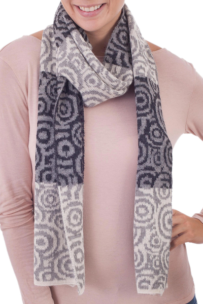 100% alpaca scarf, 'Melody of Alabaster and Grey' - Patterned Alabaster Titanium and Grey 100% Alpaca Scarf