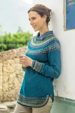 Art knit alpaca blend sweater, 'Art Knit in Teal' - Teal & Blue Alpaca Blend Pullover Patterned Peruvian Sweater
