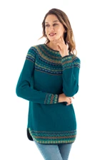 Art knit alpaca blend sweater, 'Art Knit in Teal' - Teal & Blue Alpaca Blend Pullover Patterned Peruvian Sweater
