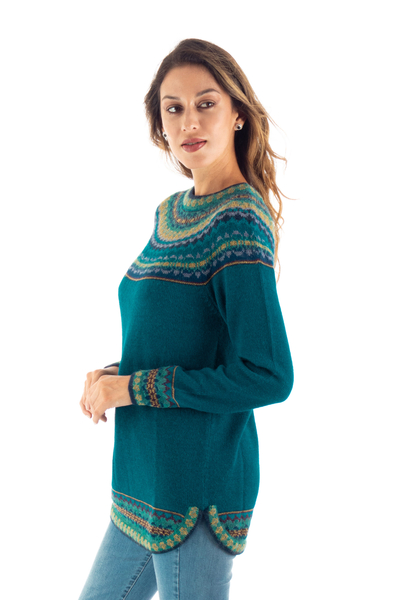 Kunstgestrickter Alpakapullover - Blaugrüner und blauer gemusterter peruanischer Pullover aus 100 % Alpaka