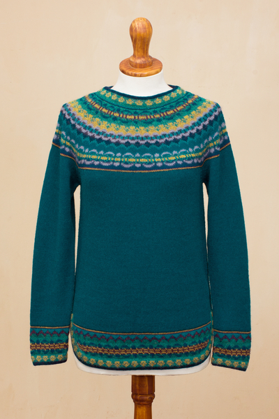 Art knit alpaca sweater, 'Playful Teal' - Teal & Blue 100% Alpaca Pullover Patterned Peruvian Sweater