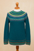 Kunstgestrickter Alpakapullover - Blaugrüner und blauer gemusterter peruanischer Pullover aus 100 % Alpaka
