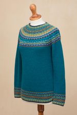 Art knit alpaca blend sweater, 'Art Knit in Teal' - Teal & Blue Alpaca Blend Pullover Patterned Peruvian Sweater