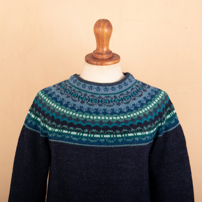 Suéter de punto de alpaca Art - Suéter peruano estampado pullover azul marino 100% alpaca