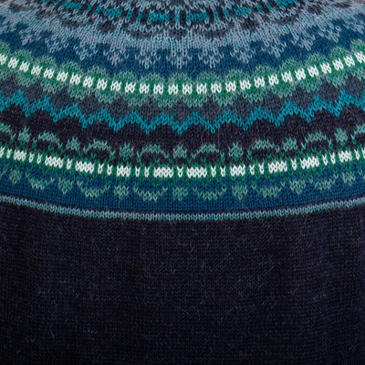 Suéter de punto de alpaca Art - Suéter peruano estampado pullover azul marino 100% alpaca