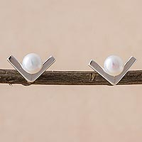 Cultured pearl stud earrings, 'Pearl Treasures' - Modern Cultured Pearl and 925 Silver Earrings from Peru