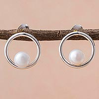 Cultured pearl drop earrings, 'Outer Reaches' - Cultured Pearl Circular Drop Earrings from Peru