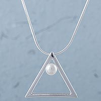 Cultured pearl pendant necklace, 'White Queen' - Pearl and Sterling Silver Triangular Pendant Necklace