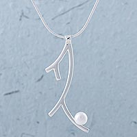 Cultured pearl pendant necklace, 'Modern Branch' - Pearl and Sterling Silver Branch Pendant Necklace from Peru