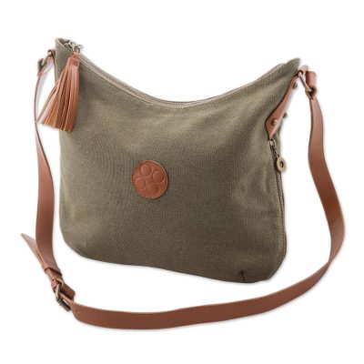 Leather accent cotton shoulder bag, 'Clay Satisfaction' - Leather Accent Cotton Shoulder Bag in Clay from Peru