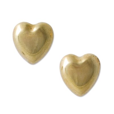 Gold plated heart stud earrings, 'Secrets of the Heart' - Gold Plated Silver Heart Shaped Stud Earrings from Peru