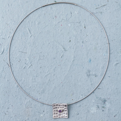 Amethyst pendant necklace, 'Timely Love' - Sterling Silver and Amethyst Square Pendant Necklace