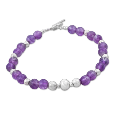 Amethyst beaded bracelet, 'Touch of Purple' - Handcrafted Amethyst and Sterling Silver Bracelet from Peru