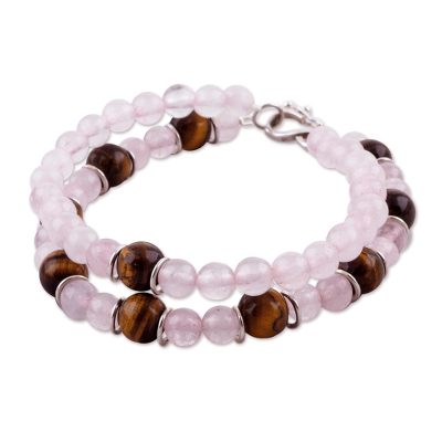 Tiger's eye and rose quartz beaded bracelet, 'Rosy Seduction' - Tiger's Eye and Rose Quartz Beaded Bracelet from Peru