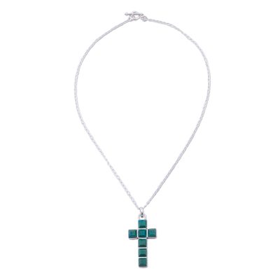 Chrysocolla pendant necklace, 'Lakeside Cross' - Chrysocolla and Sterling Silver Cross Pendant Necklace