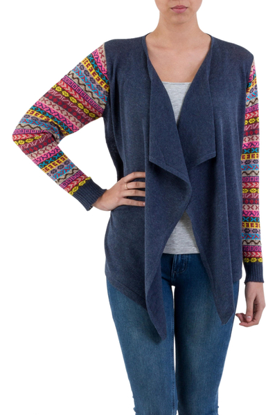 Solid Blue Cardigan with Open Front and Multicolor Sleeves