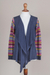 Cotton blend cardigan, 'Pisac Market in Blue' - Solid Blue Cardigan with Open Front and Multicolor Sleeves (image 2d) thumbail