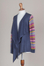 Cotton blend cardigan, 'Pisac Market in Blue' - Solid Blue Cardigan with Open Front and Multicolor Sleeves (image 2e) thumbail