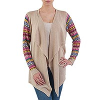 Cotton blend cardigan, 'Pisac Market in Pale Beige' - Solid Beige Cardigan with Open Front and Multicolor Sleeves