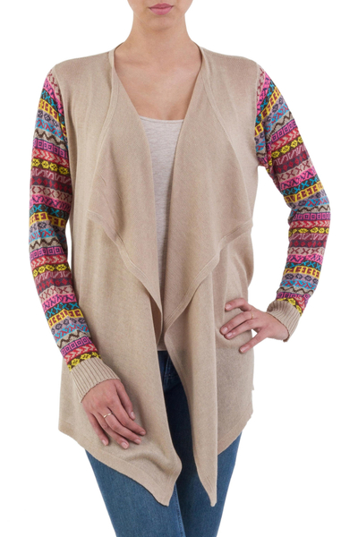 Solid Beige Cardigan with Open Front and Multicolor Sleeves