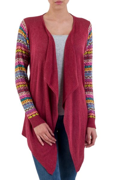 Cotton blend cardigan, 'Pisac Market in Wine' - Wine Open Front Cardigan with Multicolor Sleeves