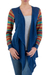 Cotton blend kimono-style cardigan, 'Market Walk in Blue' - Solid Blue Open Kimono Cardigan with Multicolor Sleeves thumbail