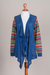 Cotton blend kimono-style cardigan, 'Market Walk in Blue' - Solid Blue Open Kimono Cardigan with Multicolor Sleeves (image 2d) thumbail