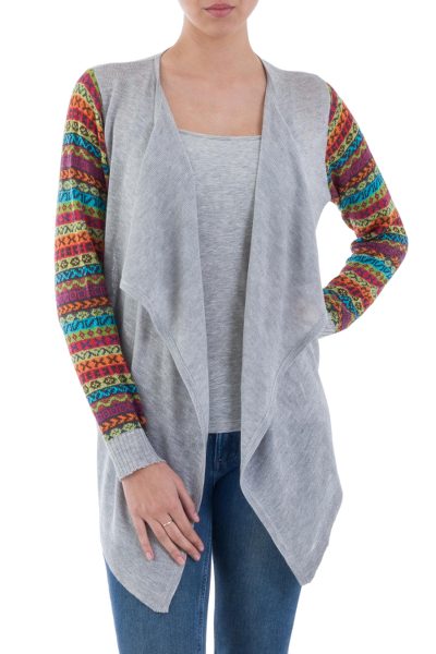 Cotton blend cardigan, 'Market Walk in Ash Grey' - Solid Grey Open Cardigan with Multicolored Patterned Sleeves