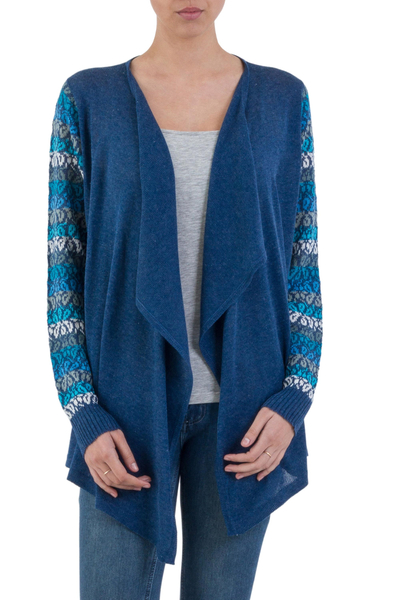 Cotton blend kimono-style cardigan, 'Garden in Blue' - Peruvian Open Front Solid Blue Cardigan with Floral Sleeves