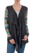 Cotton blend kimono-style cardigan, 'Grey Southern Star' - Solid Grey Open Kimono Cardigan with Multicolor Sleeves (image 2a) thumbail
