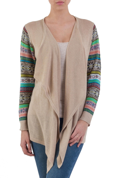 Cotton blend cardigan, 'Beige Southern Star' - Solid Beige Open Cardigan with Patterned Sleeves from Peru