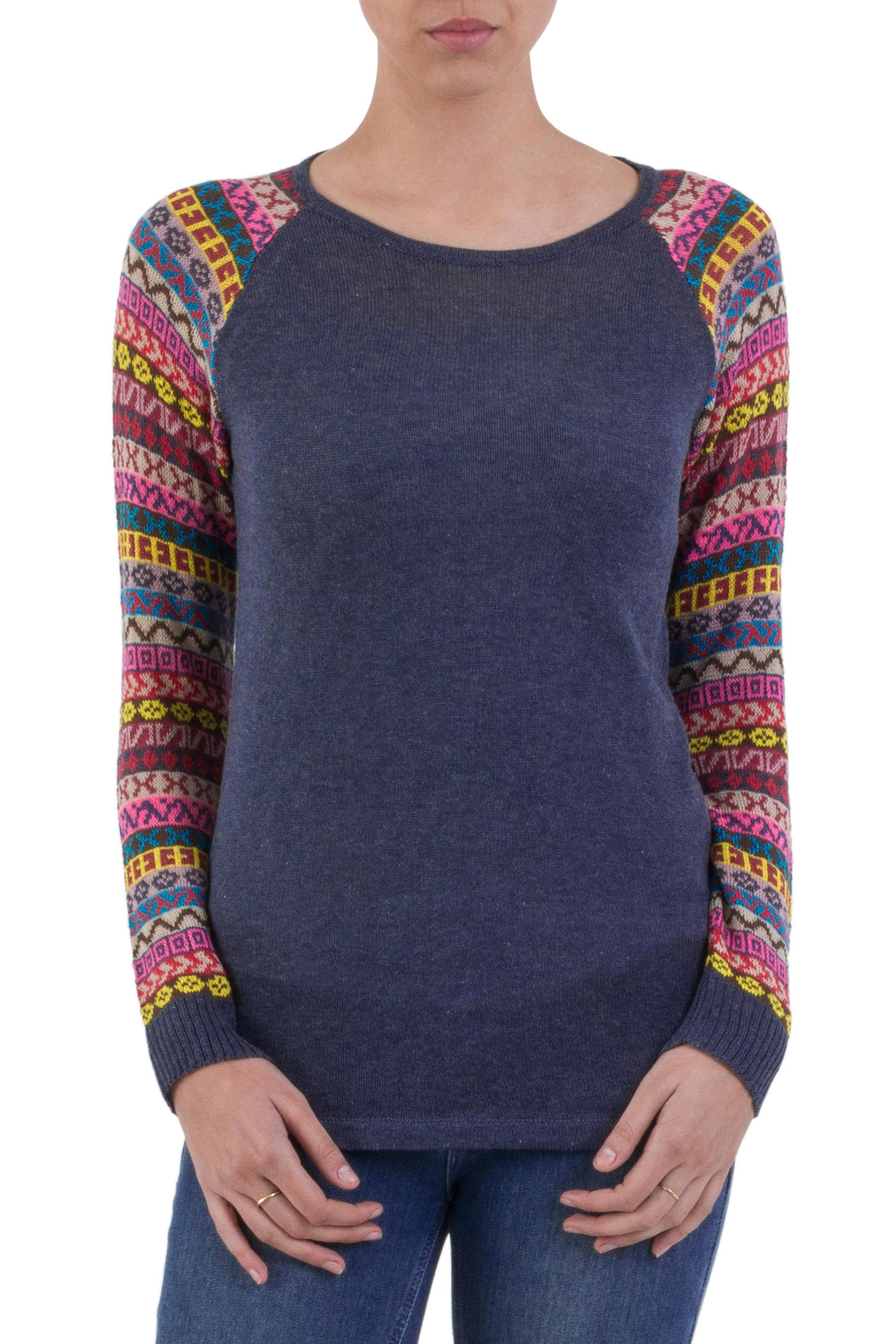 Azure Blue Tunic Sweater with Multi Color Patterned Sleeves - Andean ...