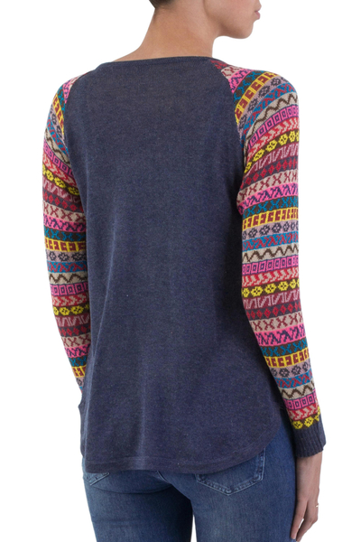 Kiva Store | Azure Blue Tunic Sweater with Multi Color Patterned ...