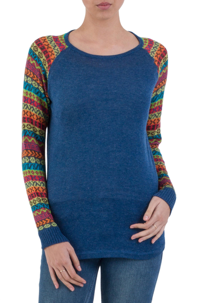 Blue Tunic Sweater with Multi Color Patterned Sleeves