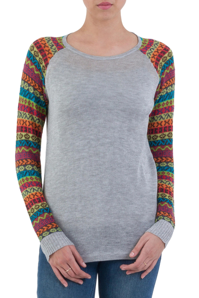 Cotton blend sweater, 'Cusco Market in Ash Grey' - Grey Tunic Sweater with Multi Color Patterned Sleeves
